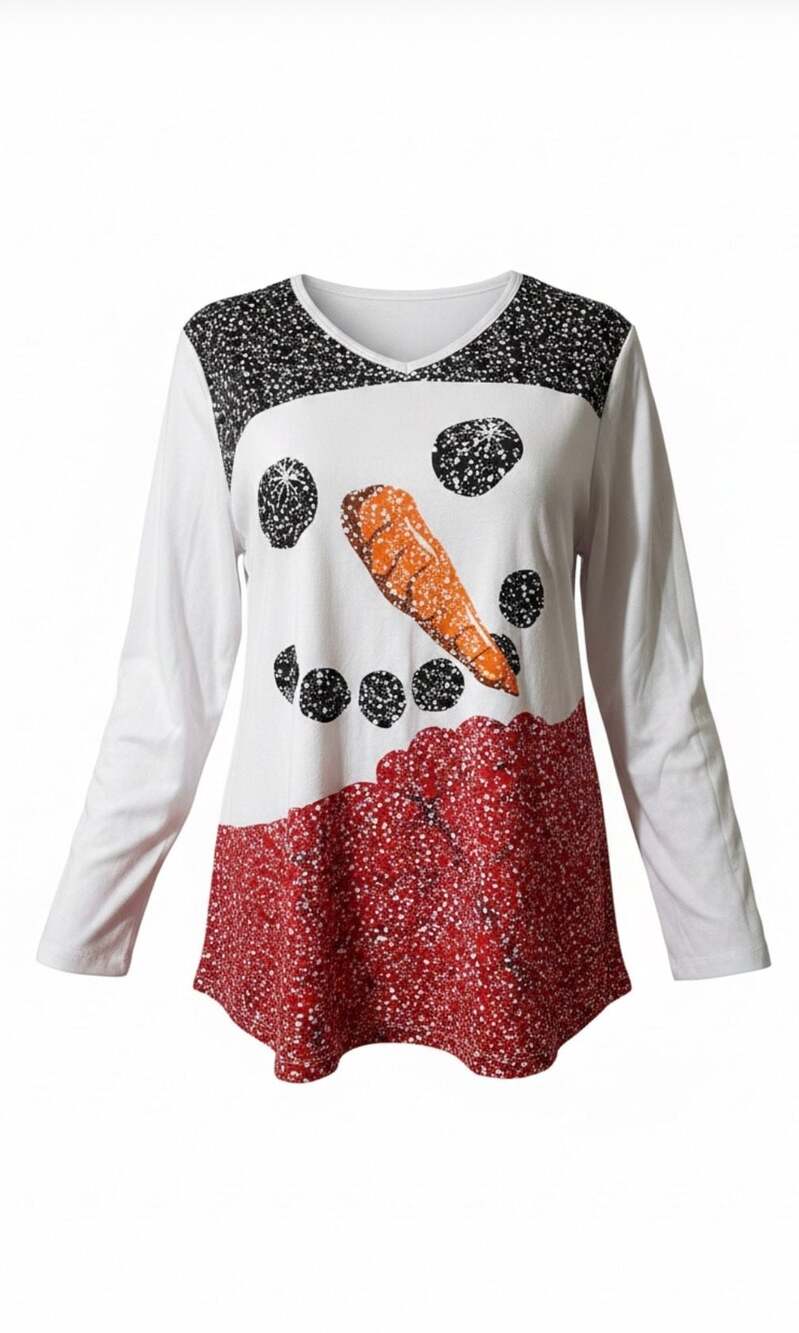 M&C Sportswear Christmas Snowman Graphic Long Sleeve V-Neck Tunic Top